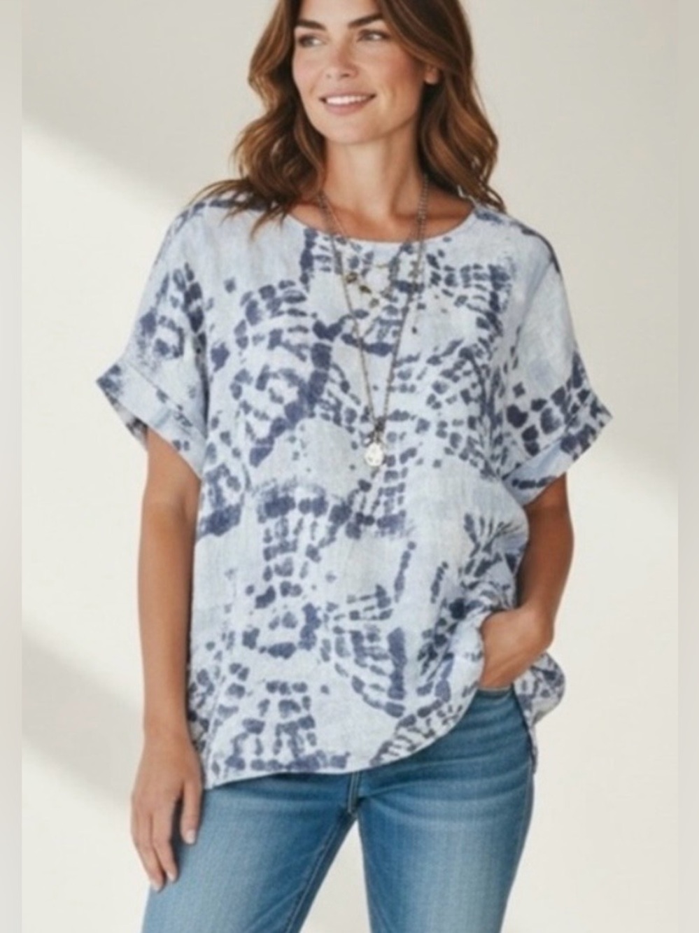 Bellambra 100% Linen Light Blue Tie-Dye Short Sleeve Tunic Top size M